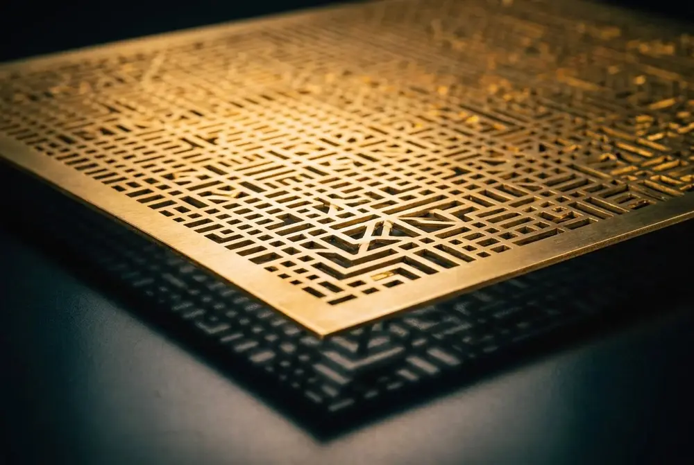 Decorative laser-cut brass screen panel with light glowing through the pattern