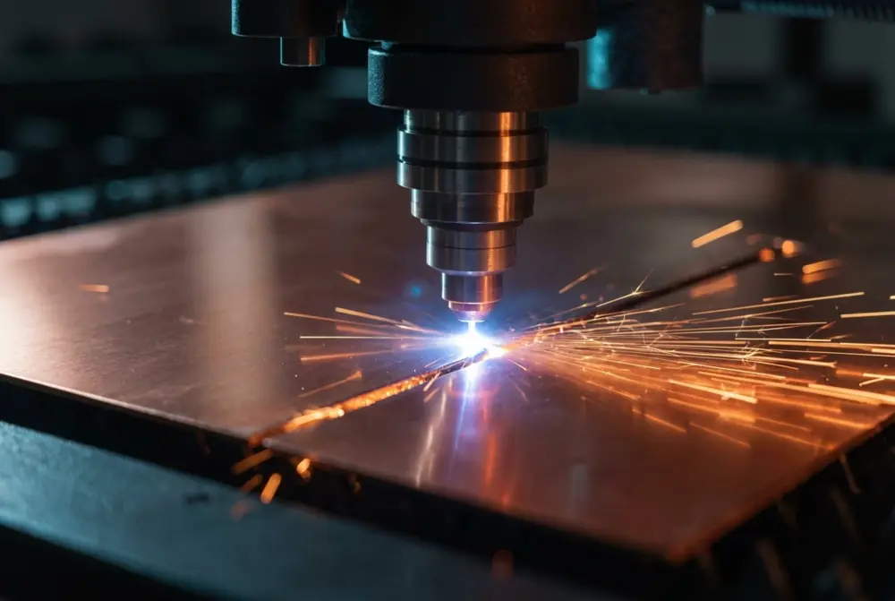 Fibre laser cutting a polished copper sheet, sparks along the kerf